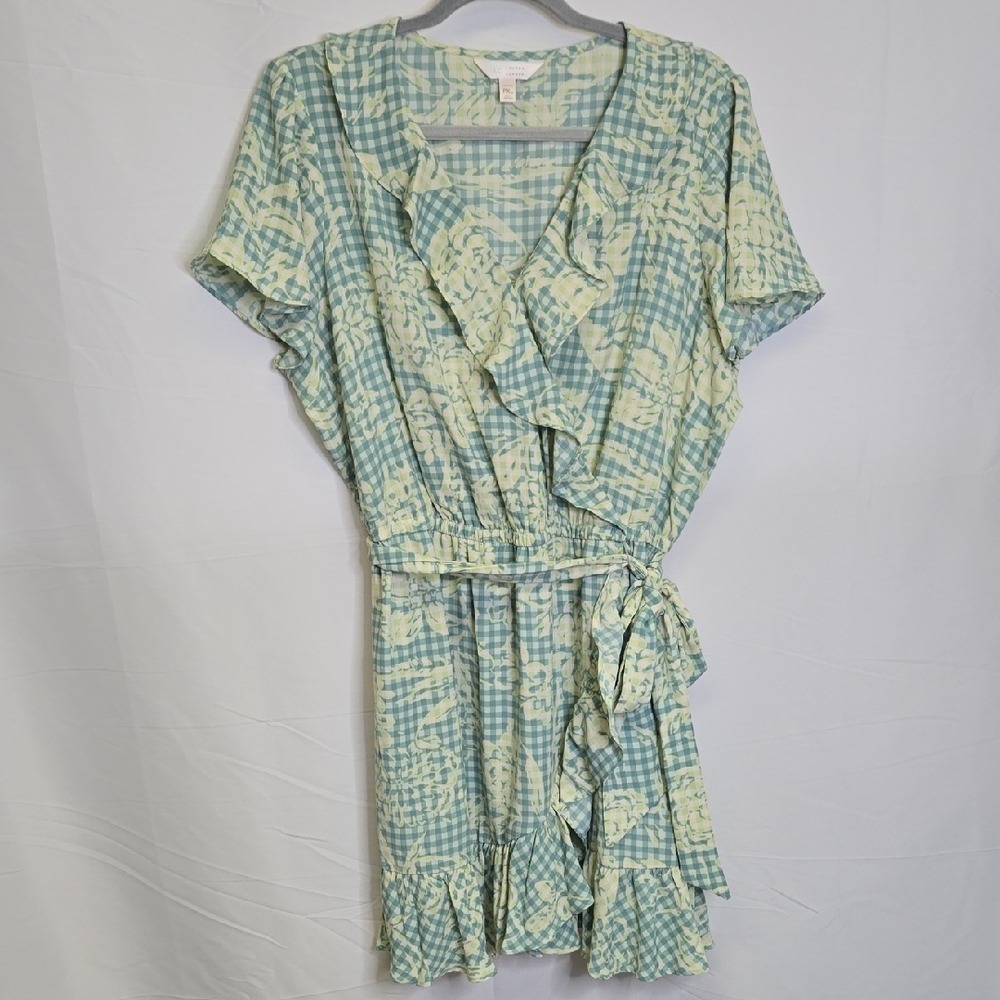 LC Lauren Conrad Ruffle-Neck Flutter-Sleeve Wrap Dress, Gingham Fleurs Aqua, PXL